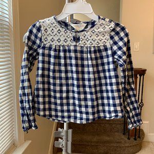 Navy Plaid Top with  Lace Embroidery
